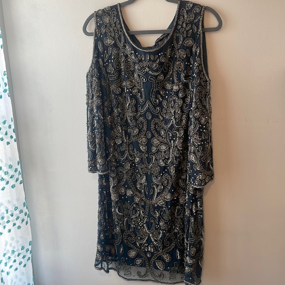 Nordstrom dress (Pissarro Nights Brand- 20W, blue, beaded, cold shoulder dress